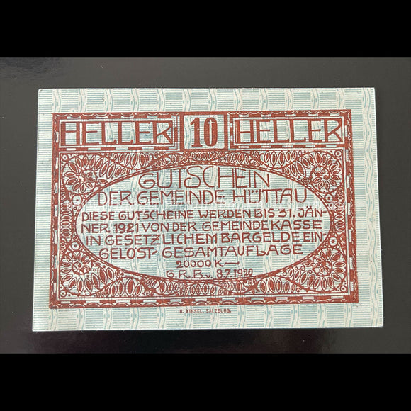 Austria 1920 10 Heller - Hüttau Notgeld UNC