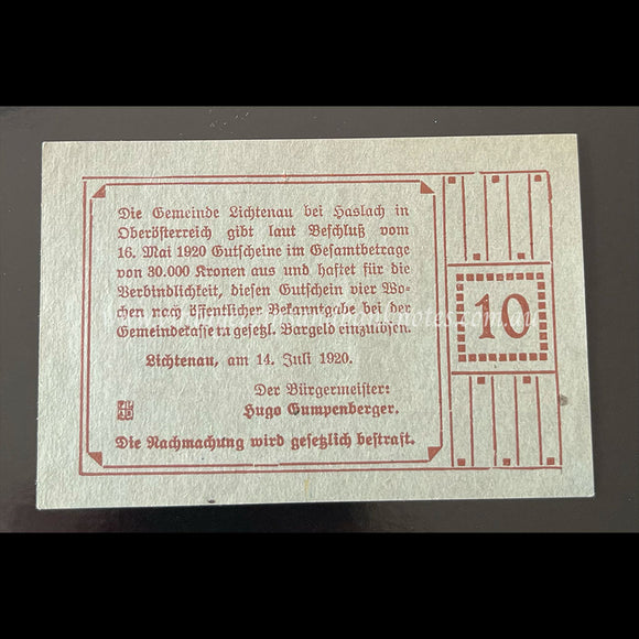 Austria 1920 10 Heller - Lichtenau Notgeld UNC