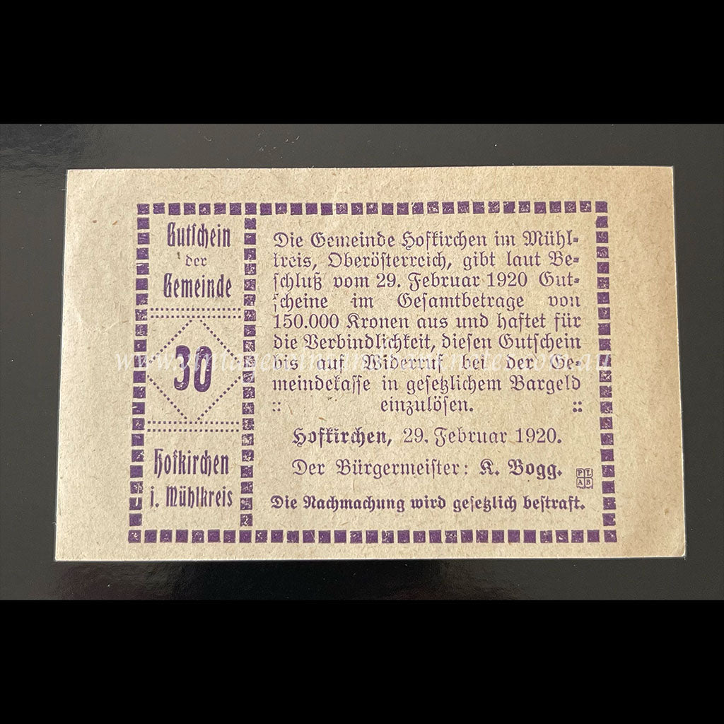 Austria 1920 30 Heller - Hofkirchen im Mühlkreis Notgeld UNC