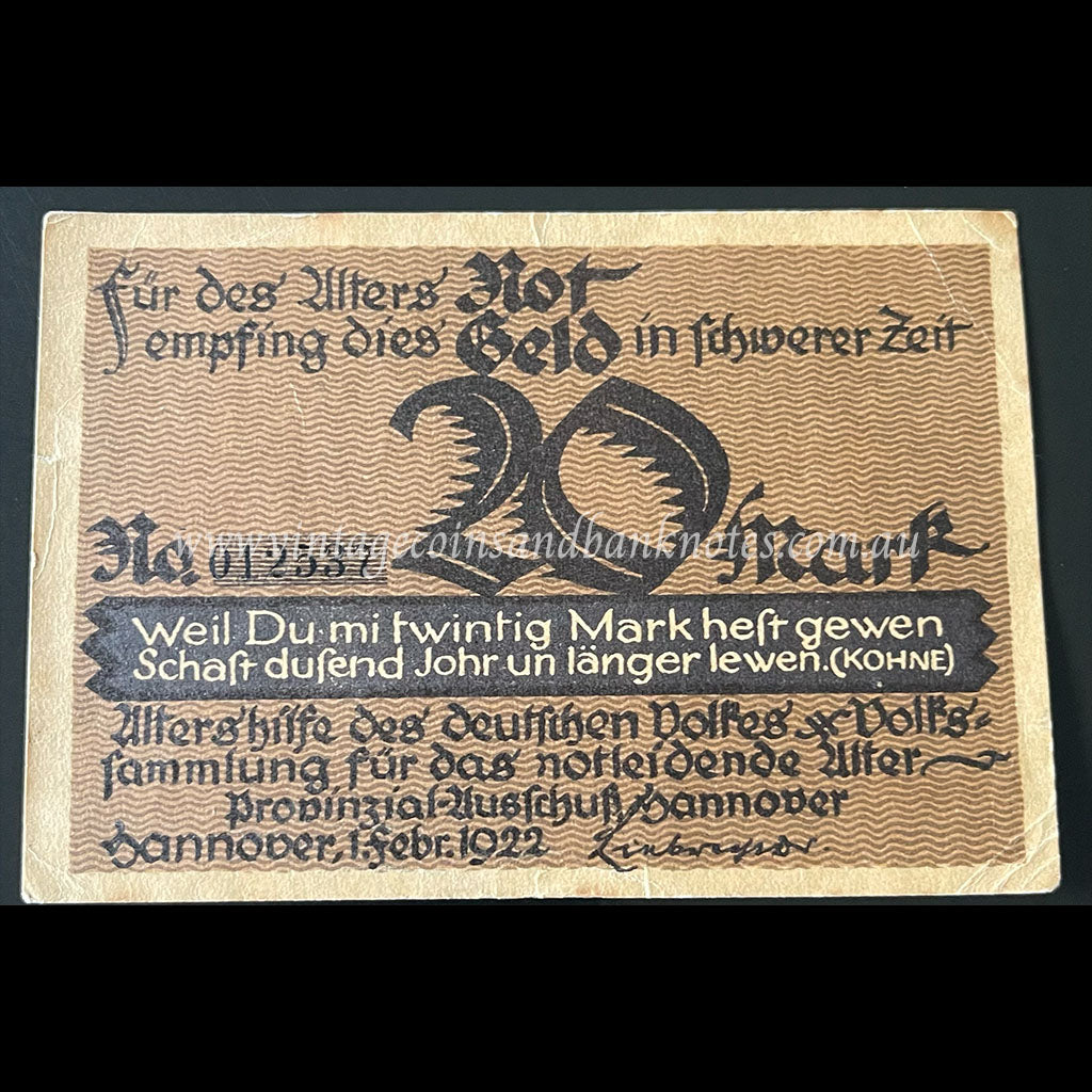Germany 1922 20 Mark - Hannover Notgeld EF