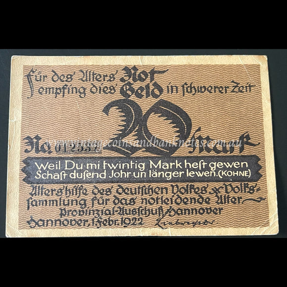 Germany 1922 20 Mark - Hannover Notgeld EF