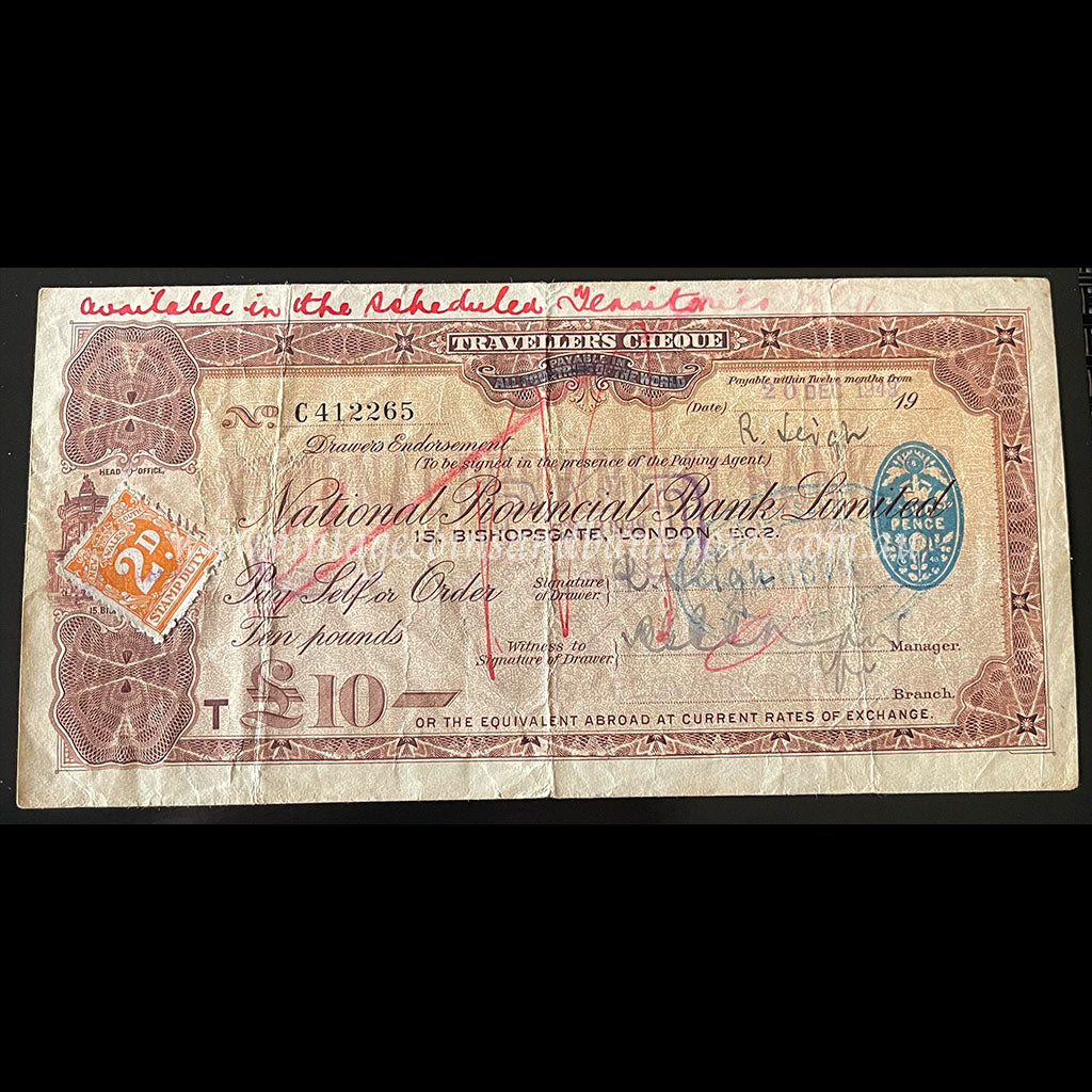 Great Britain 1948 10 Pounds - National Provincial Bank Ltd Travellers Cheque with Stamp