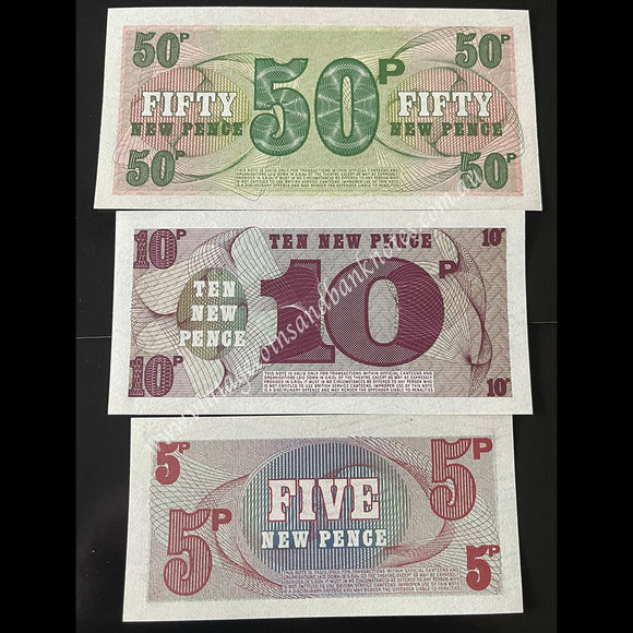 Great Britain Armed Forces ND (1972) 5, 10 & 50 New Pence Special Voucher Set UNC