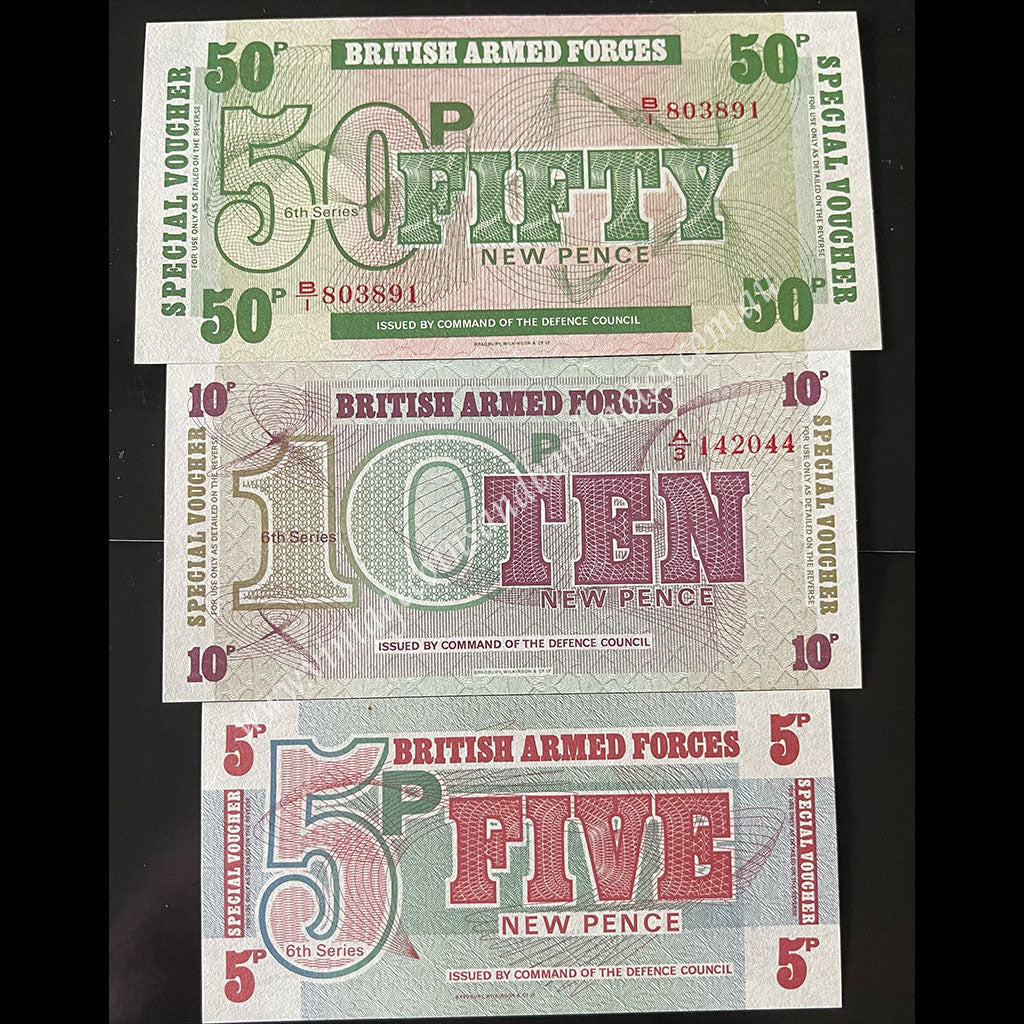 Great Britain Armed Forces ND (1972) 5, 10 & 50 New Pence Special Voucher Set UNC