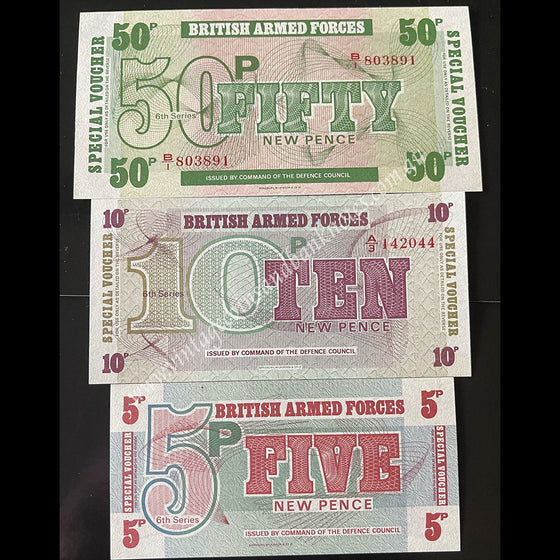 Great Britain Armed Forces ND (1972) 5, 10 & 50 New Pence Special Voucher Set UNC