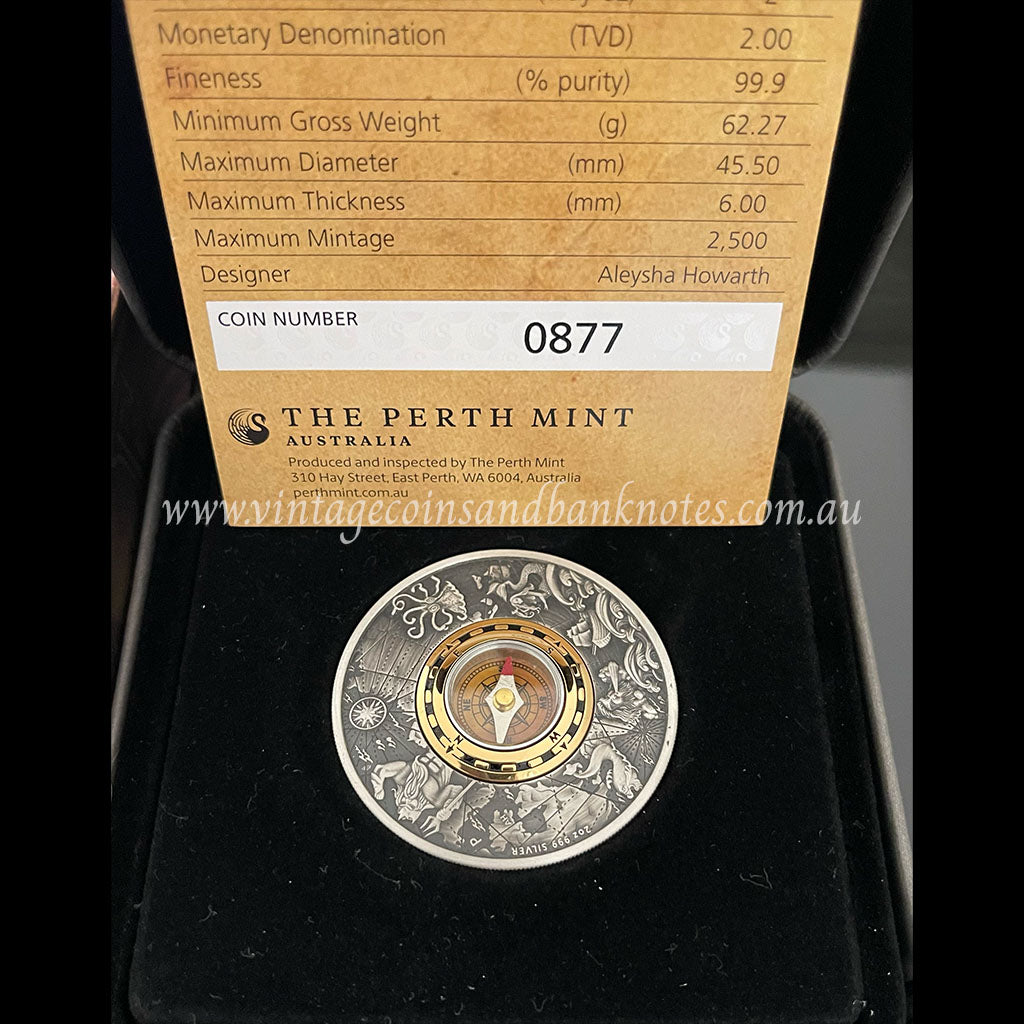 2017 $2 Compass 2 oz Silver Antiqued Tuvalu Proof Coin