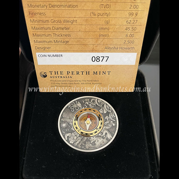 2017 $2 Compass 2 oz Silver Antiqued Tuvalu Proof Coin