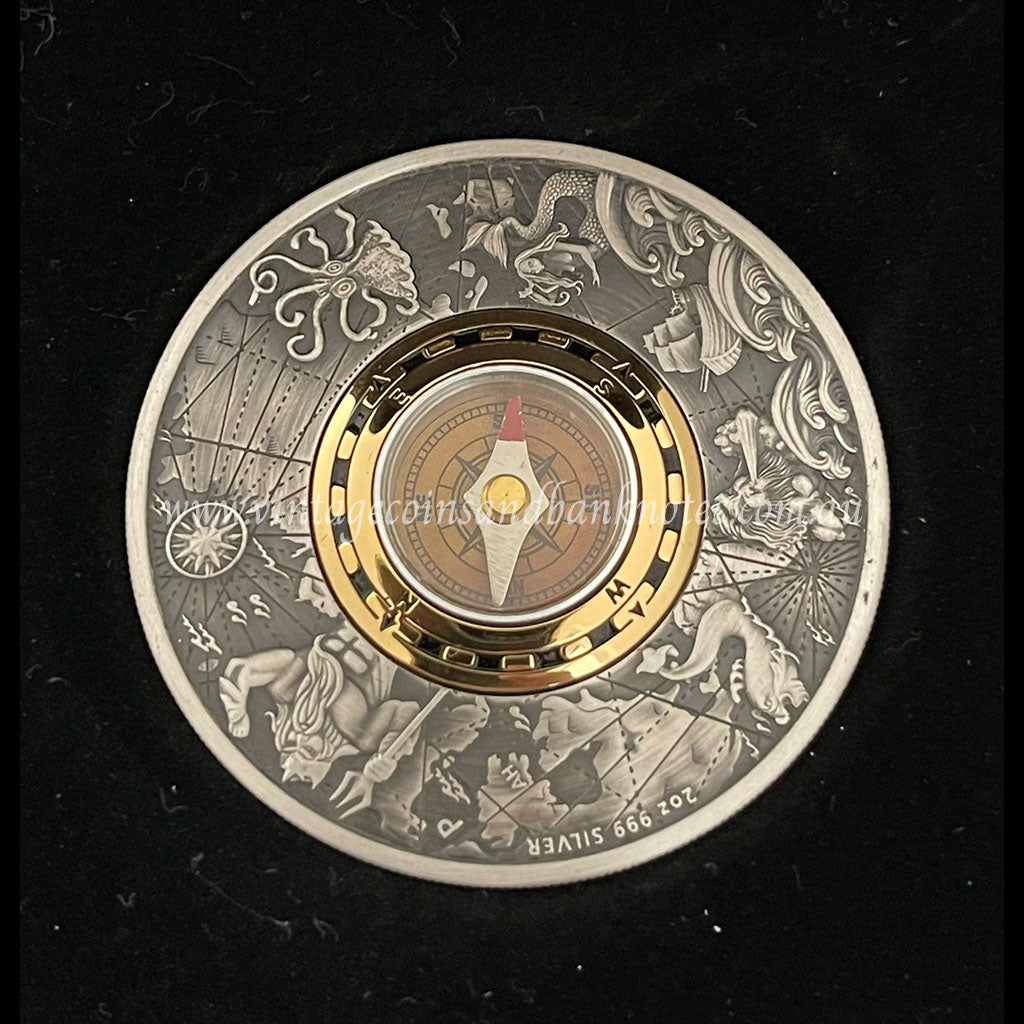 2017 $2 Compass 2 oz Silver Antiqued Tuvalu Proof Coin
