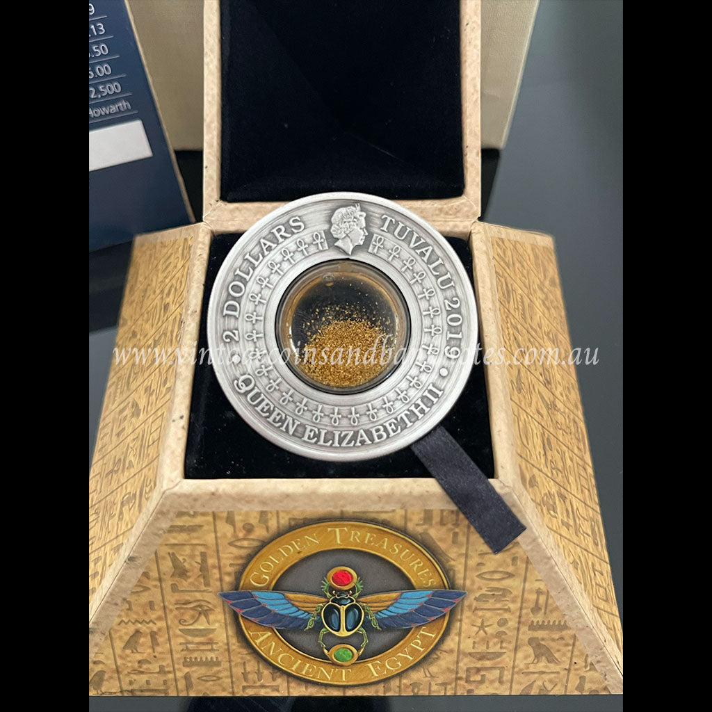 2019 $2 The Golden Treasures Ancient Egypt Pyramid 2 oz Silver Antiqued Tuvalu Proof Coin