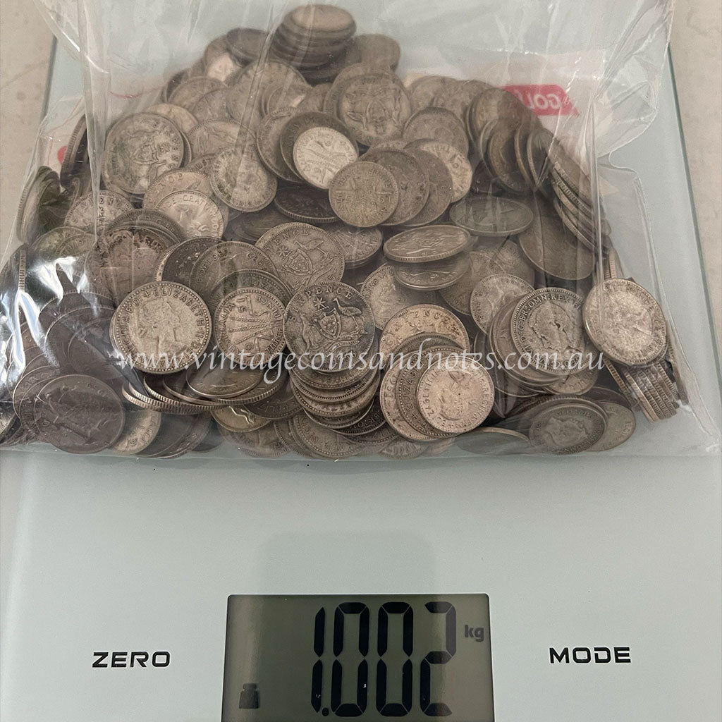 1kg Post 1946-64 Threepence and Sixpence 50% Silver Coins 1 Kilo Bag