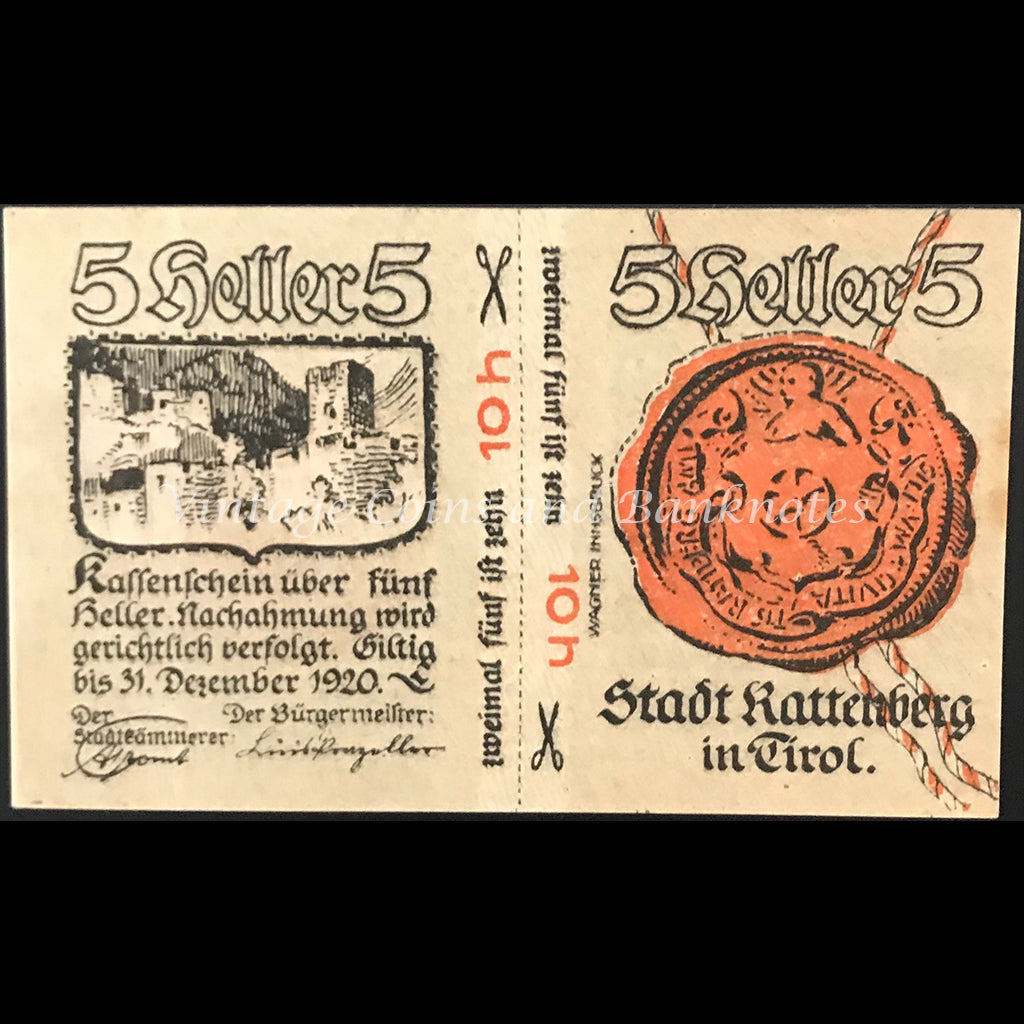 Austria 1920 5 Heller - Rattenberg Notgeld UNC