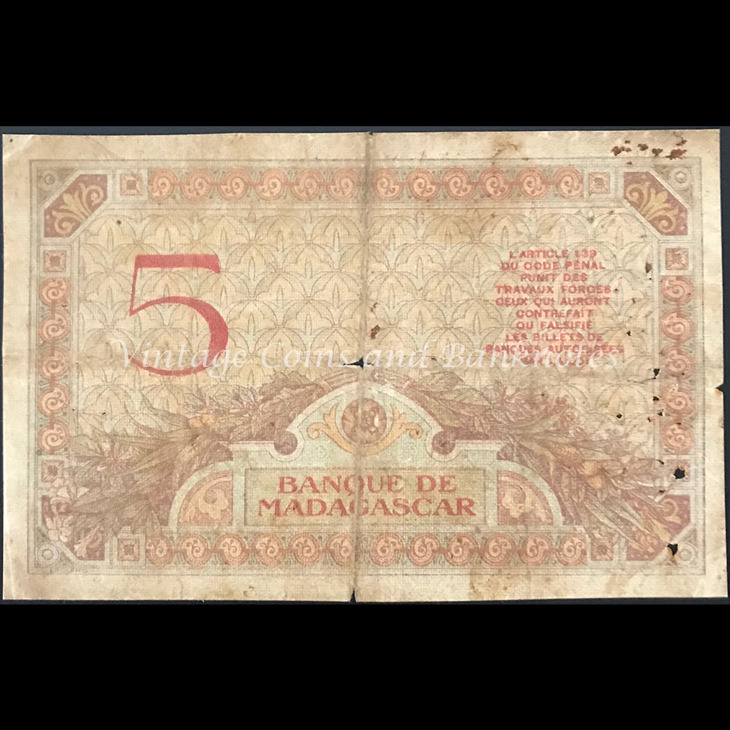 Madagascar ND (ca. 1937) 5 Francs VG