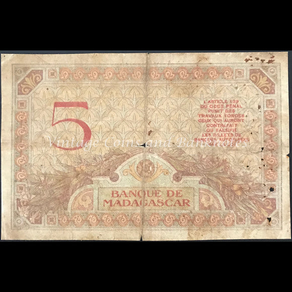 Madagascar ND (ca. 1937) 5 Francs VG