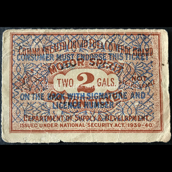 Commonwealth Liquid Fuel Control Board Motor Spirit 2 Gallon Ration Ticket ND (1940)