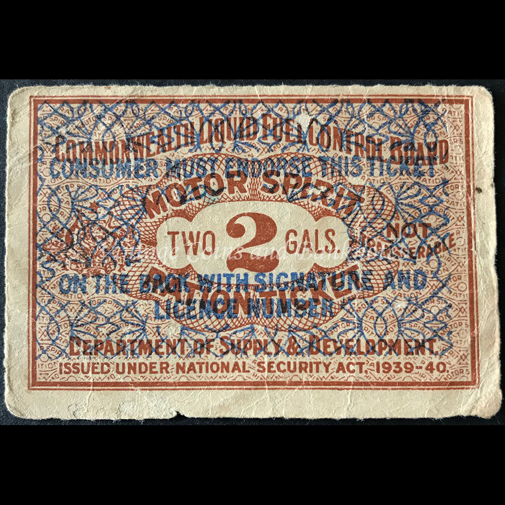 Commonwealth Liquid Fuel Control Board Motor Spirit 2 Gallon Ration Ticket ND (1940)