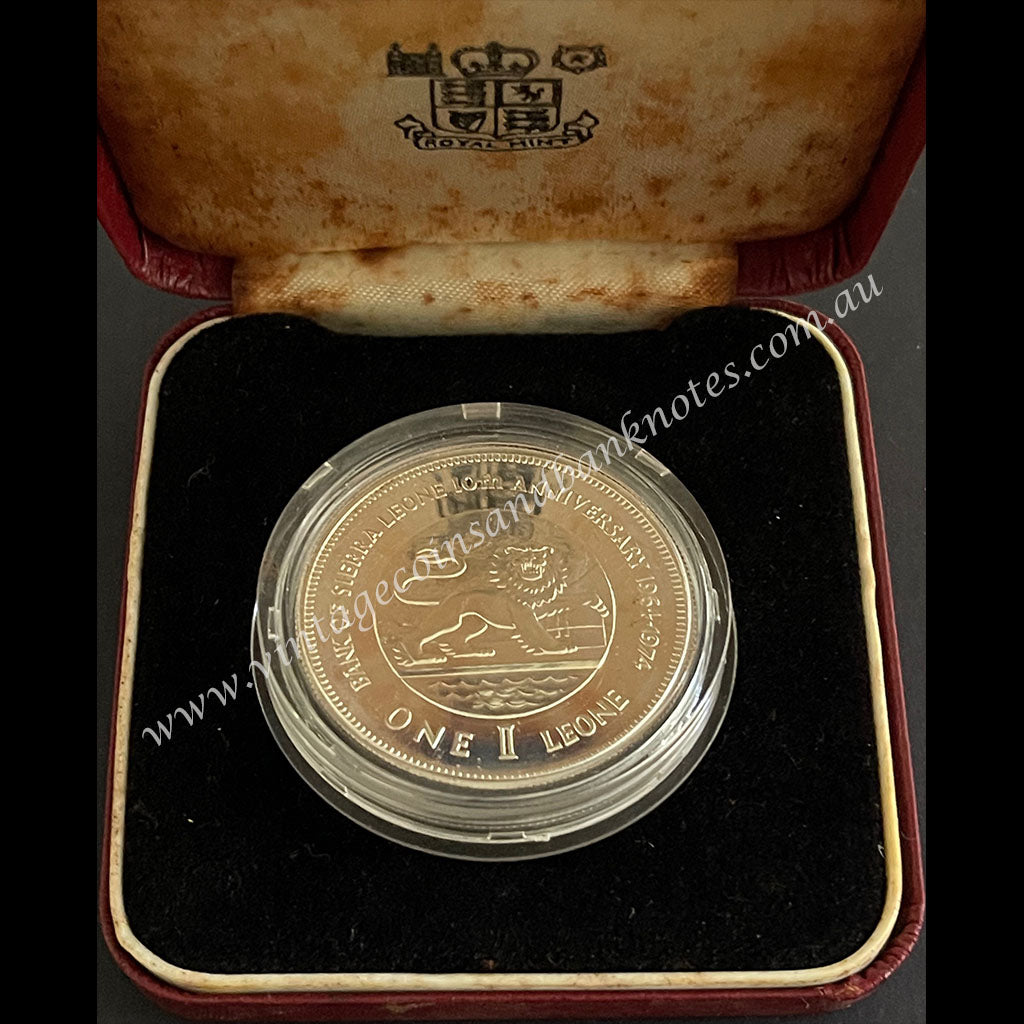 1974 Sierra Leone 1 Leone Silver Proof Coin - Bank of Sierra Leone 10th Anniversary 1964-1974