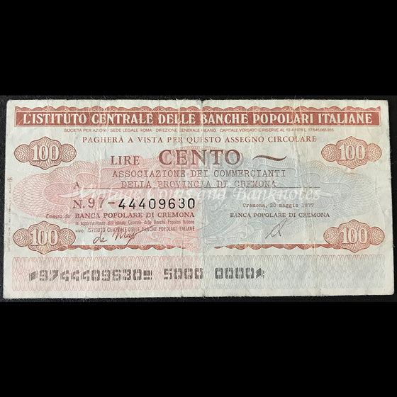 Italy 1977 100 Lire VF - Banca Popolare Di Cremona