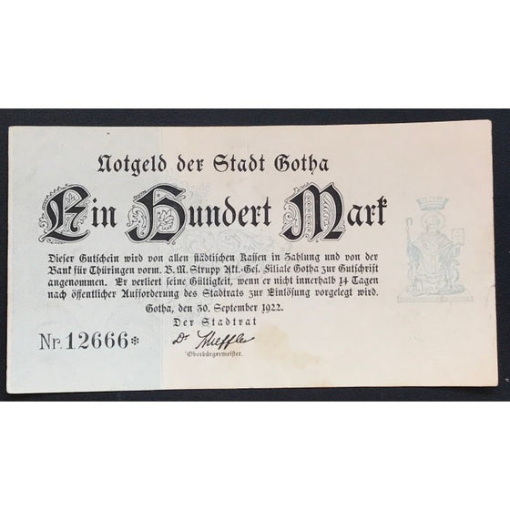Germany 1922 Notgeld der Stadt Gotha 100 Mark VF